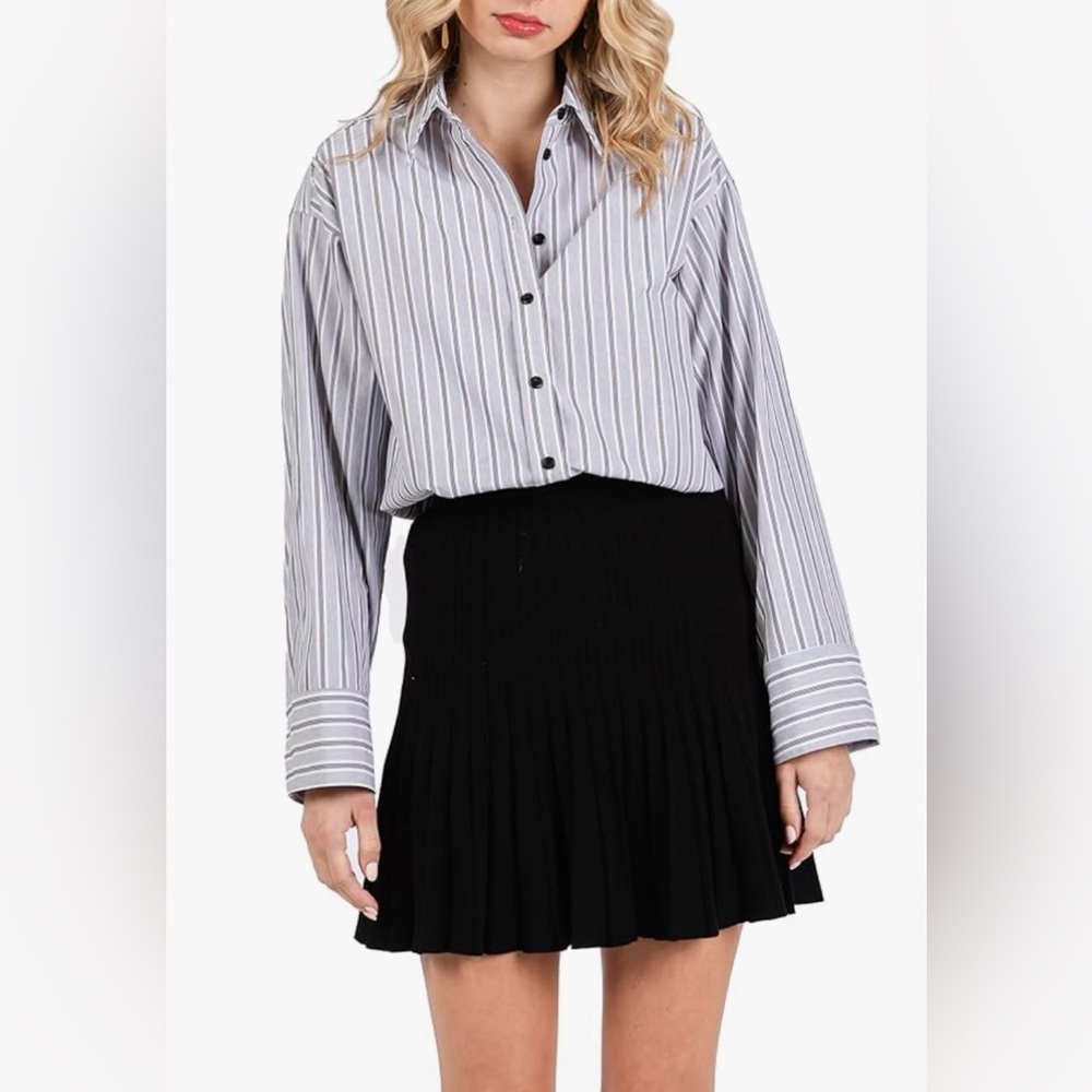 Striped Button-Up Shirt Long Sleeve Wide Cuff Oversized Boyfriend Blouse